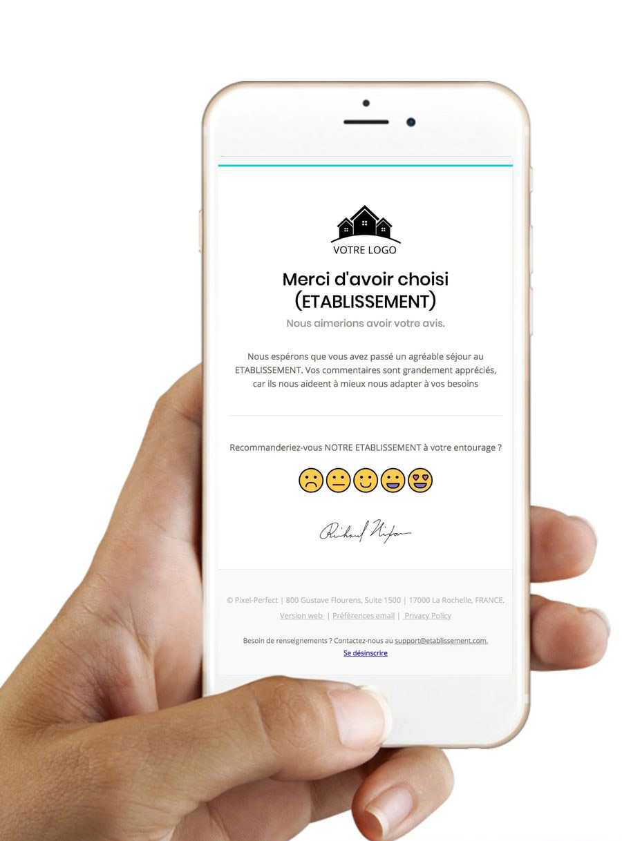 Email d'enquête de satisfaction affiché sur un smartphone : « Merci d'avoir choisi (ÉTABLISSEMENT) », avec une note en 5 émoticônes