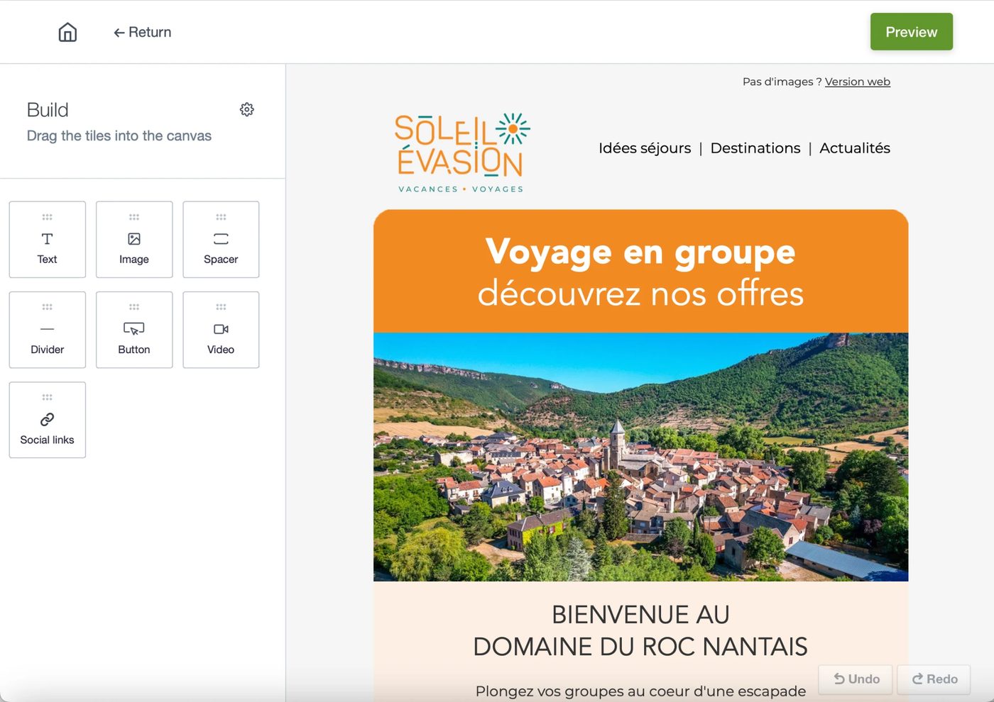 Éditeur d'emails de la plateforme PixelPerfect : un email « Voyage en groupe » aux couleurs d'un établissement, construit par glisser-déposer